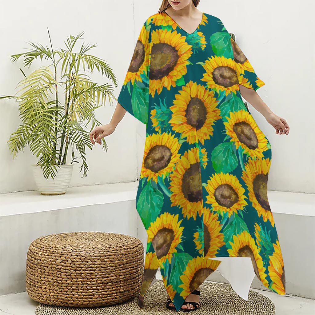 Green Watercolor Sunflower Pattern Print Silk V-Neck Kaftan Dress