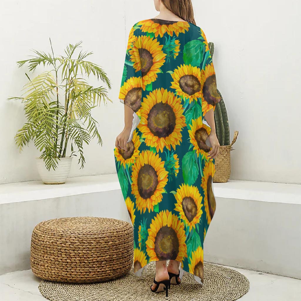 Green Watercolor Sunflower Pattern Print Silk V-Neck Kaftan Dress