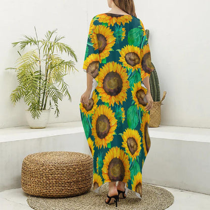 Green Watercolor Sunflower Pattern Print Silk V-Neck Kaftan Dress