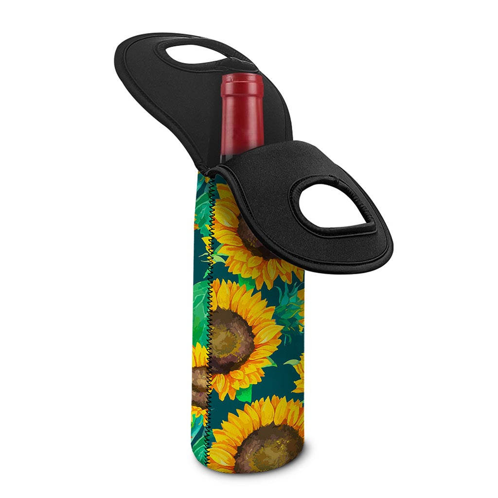 Green Watercolor Sunflower Pattern Print Single Neoprene Wine Tote