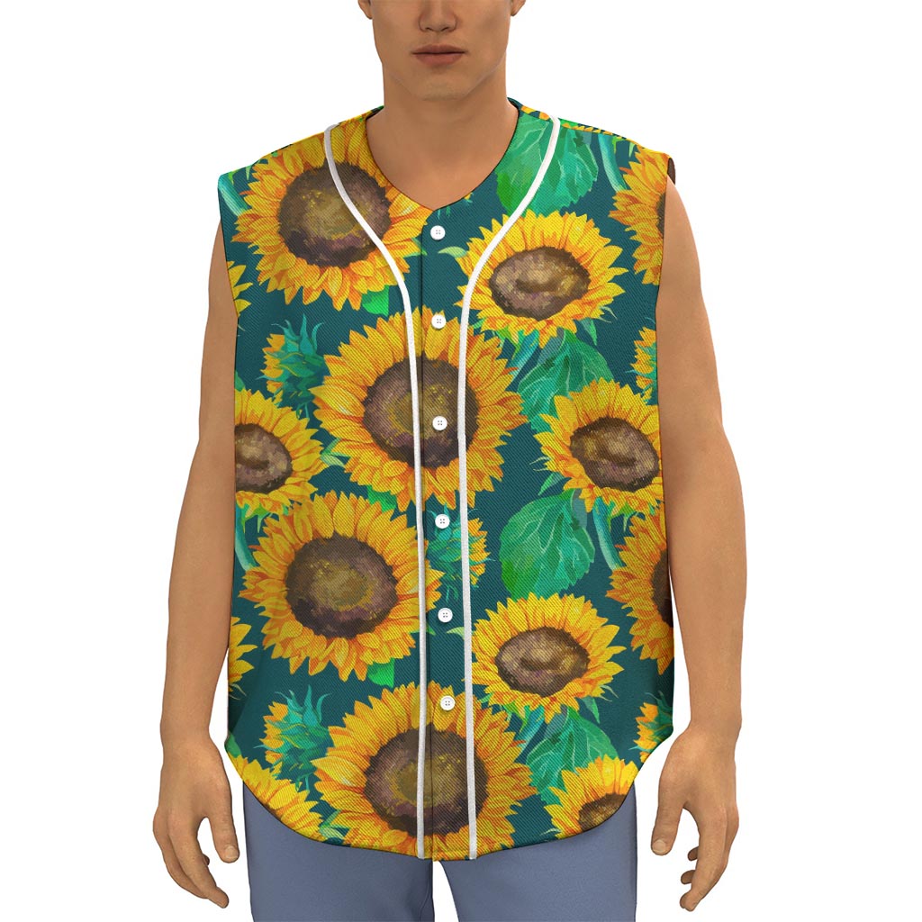 Green Watercolor Sunflower Pattern Print Sleeveless Baseball Jersey