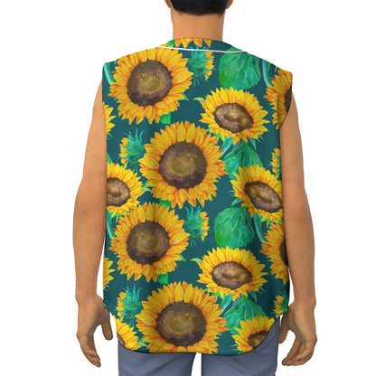 Green Watercolor Sunflower Pattern Print Sleeveless Baseball Jersey