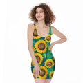 Green Watercolor Sunflower Pattern Print Sleeveless Bodycon Dress
