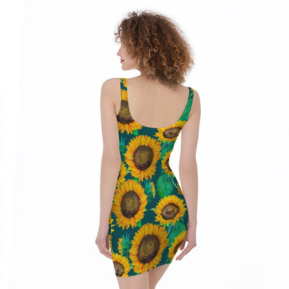 Green Watercolor Sunflower Pattern Print Sleeveless Bodycon Dress