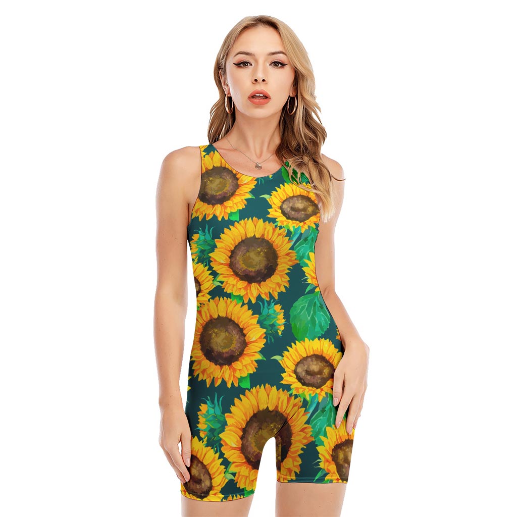 Green Watercolor Sunflower Pattern Print Sleeveless One Piece Swimsuit
