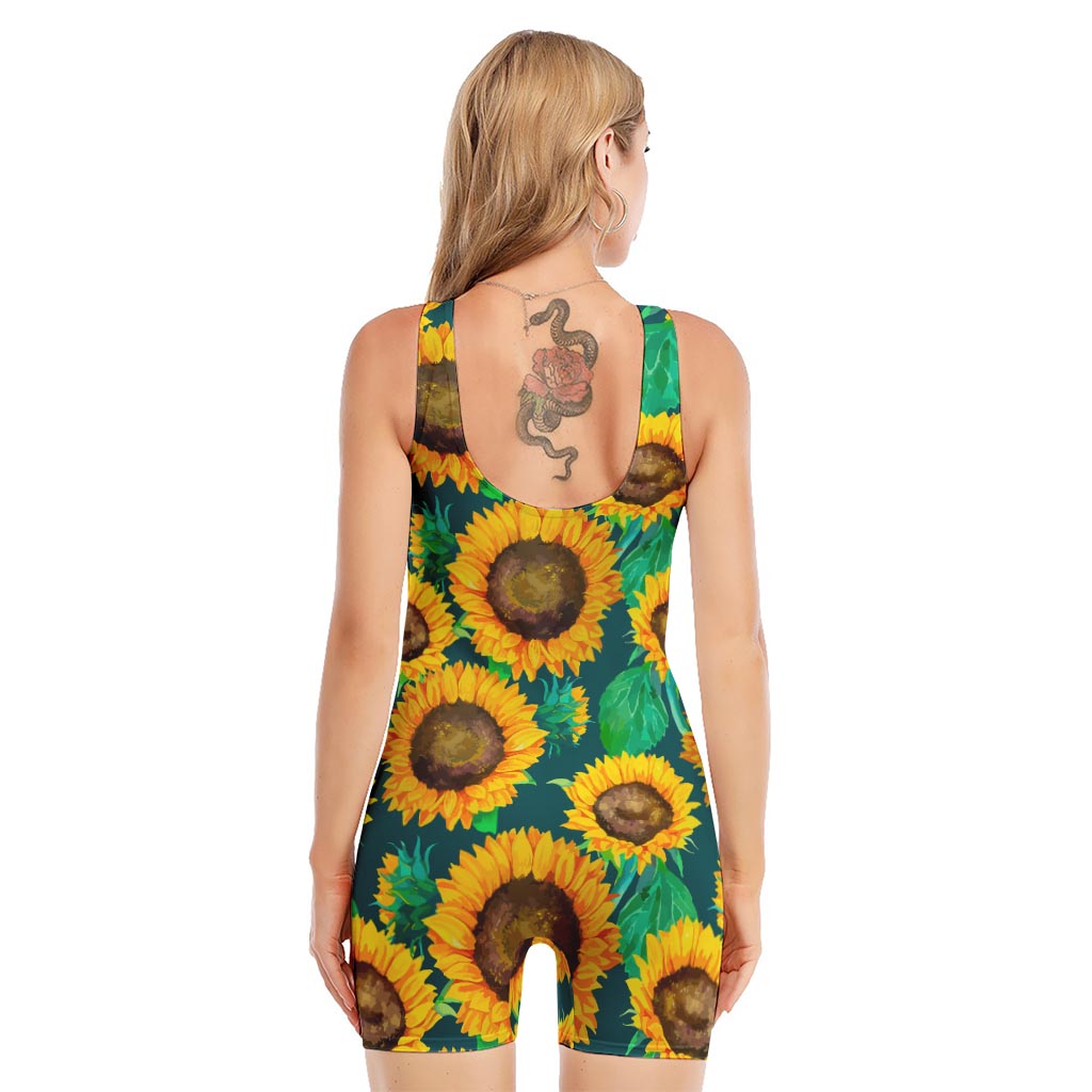 Green Watercolor Sunflower Pattern Print Sleeveless One Piece Swimsuit
