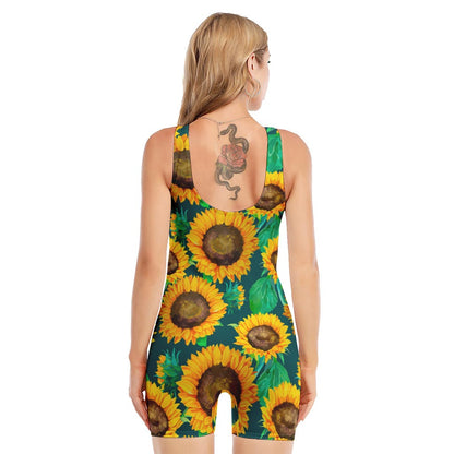 Green Watercolor Sunflower Pattern Print Sleeveless One Piece Swimsuit