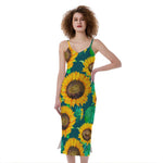 Green Watercolor Sunflower Pattern Print Slim Fit Midi Cami Dress