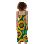Green Watercolor Sunflower Pattern Print Slim Fit Midi Cami Dress