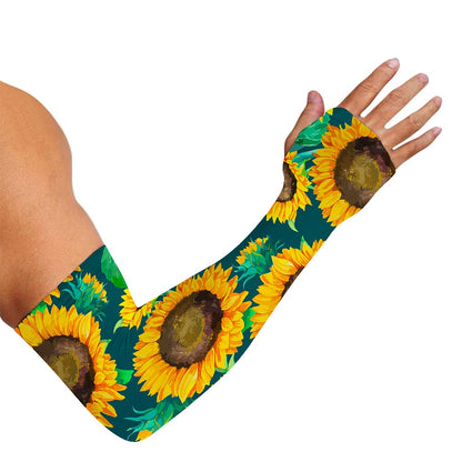 Green Watercolor Sunflower Pattern Print Sun Protection Arm Sleeves