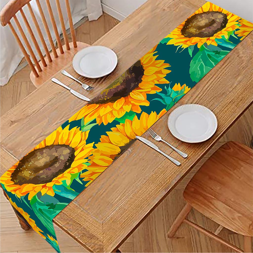 Green Watercolor Sunflower Pattern Print Table Runner