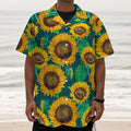 Green Watercolor Sunflower Pattern Print Textured Short Sleeve Shirt