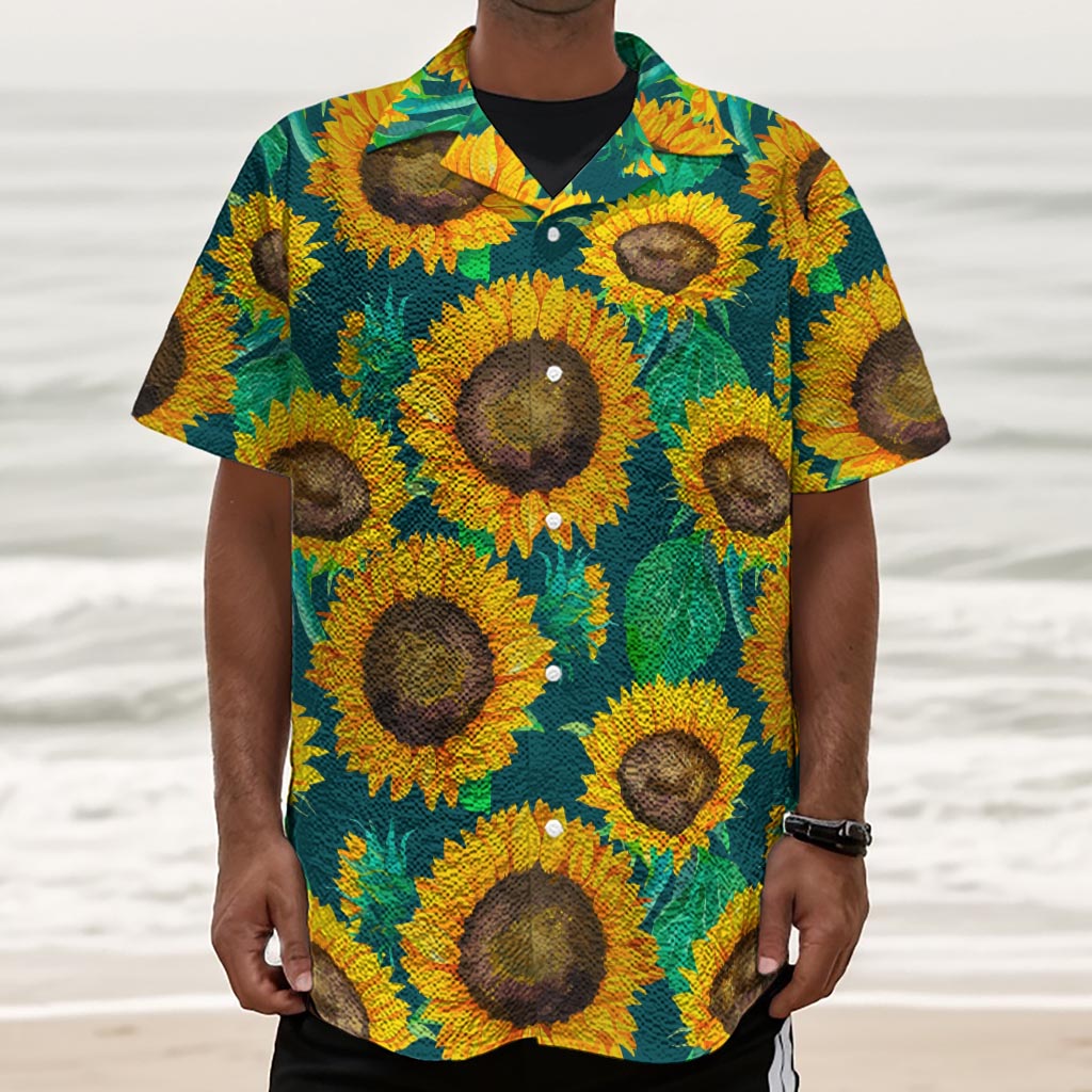 Green Watercolor Sunflower Pattern Print Textured Short Sleeve Shirt