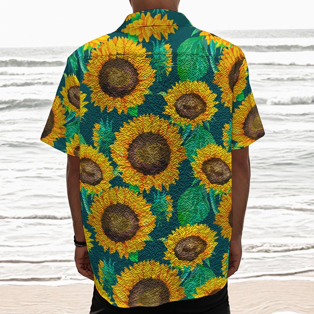 Green Watercolor Sunflower Pattern Print Textured Short Sleeve Shirt