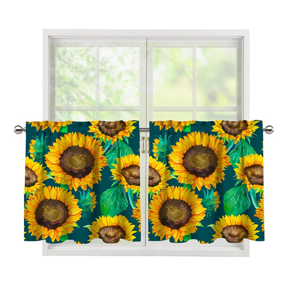 Green Watercolor Sunflower Pattern Print Tier Curtains