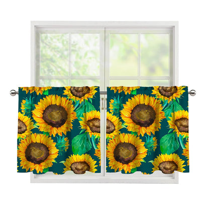 Green Watercolor Sunflower Pattern Print Tier Curtains