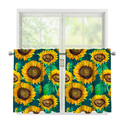Green Watercolor Sunflower Pattern Print Tier Curtains
