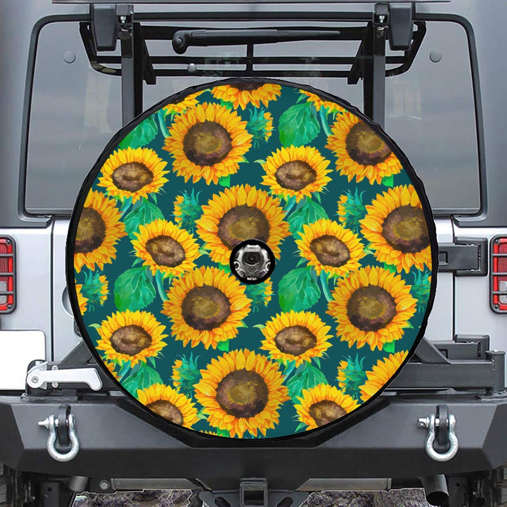 Green Watercolor Sunflower Pattern Print Tire Cover With Camera Hole