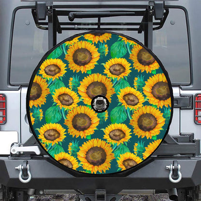 Green Watercolor Sunflower Pattern Print Tire Cover With Camera Hole