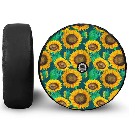 Green Watercolor Sunflower Pattern Print Tire Cover With Camera Hole