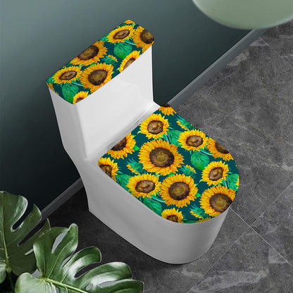 Green Watercolor Sunflower Pattern Print Toilet Lid And Tank Cover Set