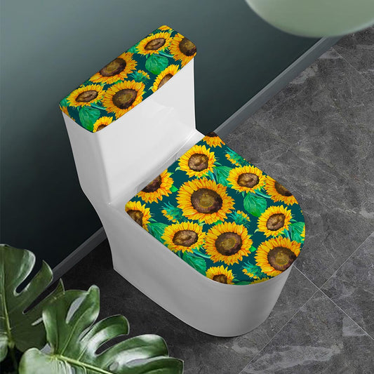 Green Watercolor Sunflower Pattern Print Toilet Lid And Tank Cover Set