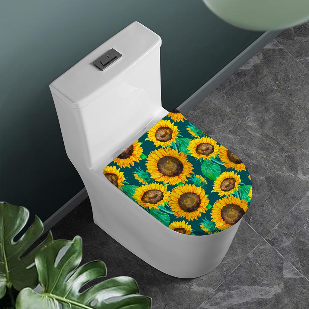 Green Watercolor Sunflower Pattern Print Toilet Lid Cover