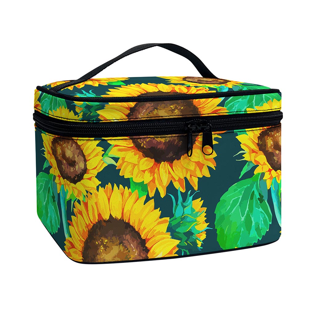 Green Watercolor Sunflower Pattern Print Travel Makeup Bag