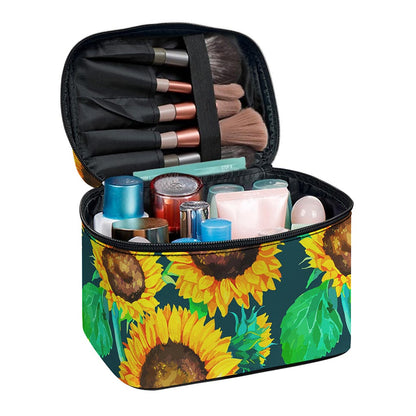 Green Watercolor Sunflower Pattern Print Travel Makeup Bag