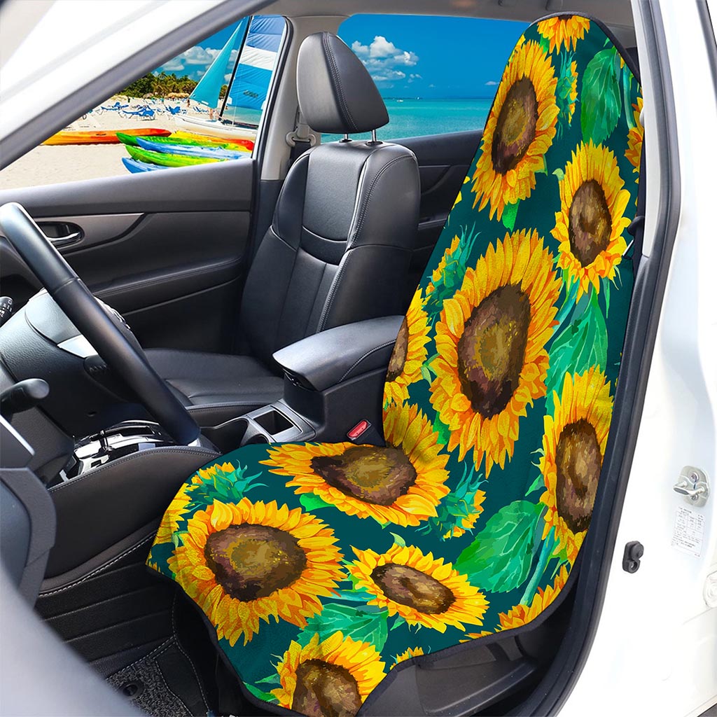 Green Watercolor Sunflower Pattern Print Waterproof Car Seat Cover