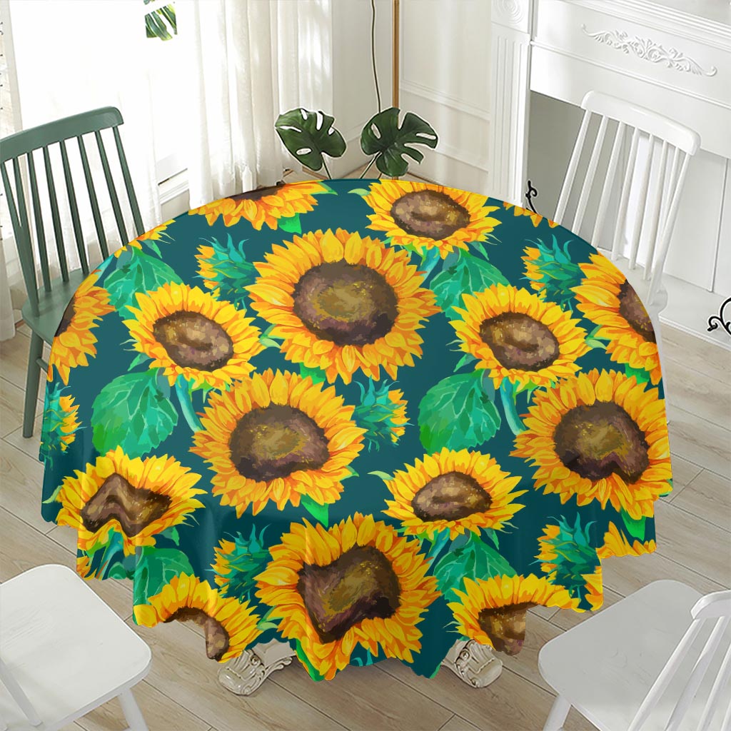 Green Watercolor Sunflower Pattern Print Waterproof Round Tablecloth
