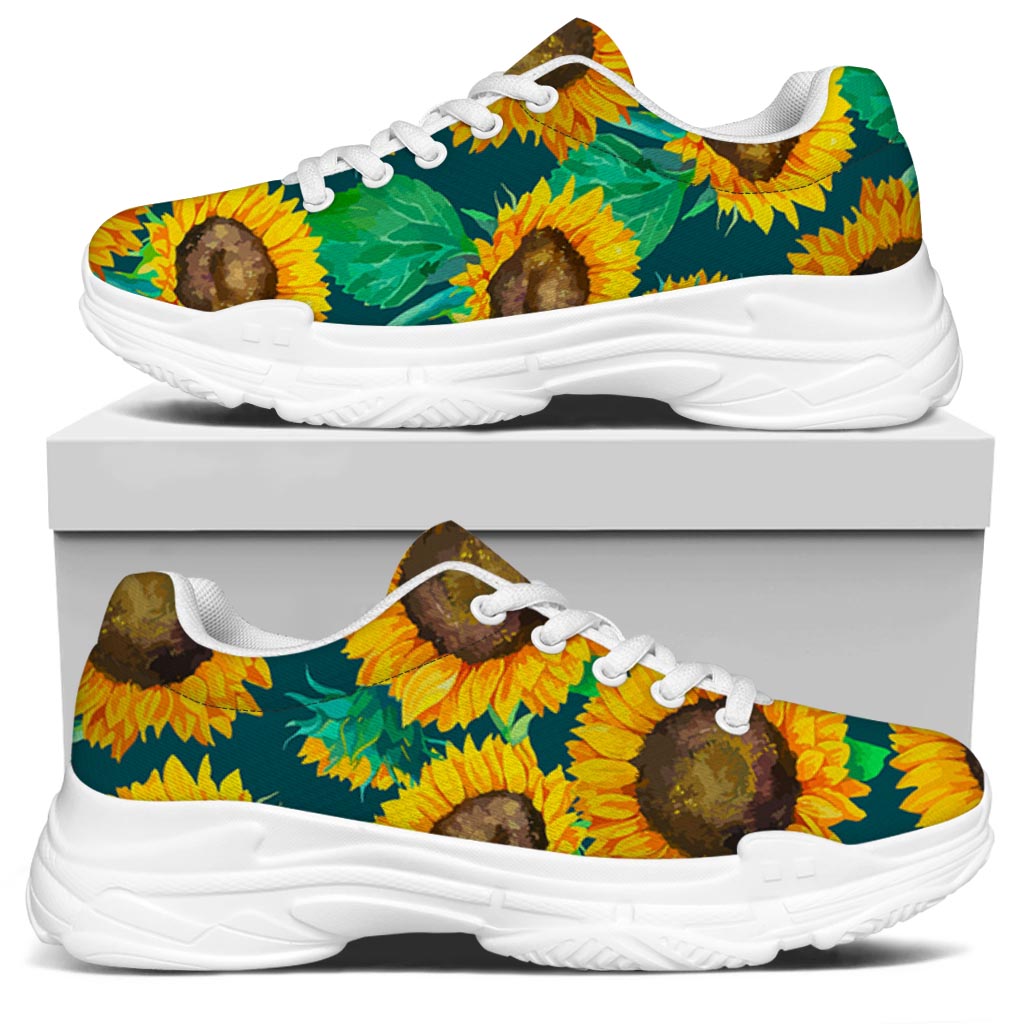 Green Watercolor Sunflower Pattern Print White Chunky Shoes