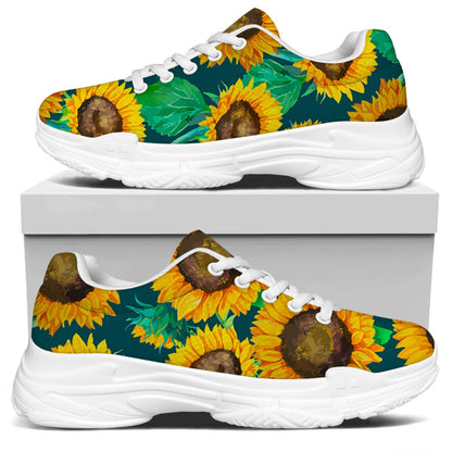 Green Watercolor Sunflower Pattern Print White Chunky Shoes