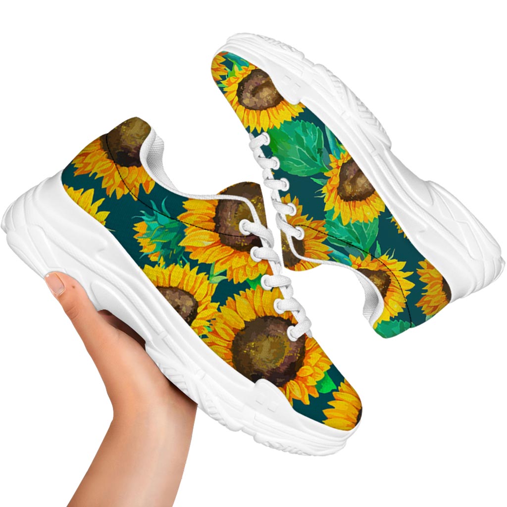 Green Watercolor Sunflower Pattern Print White Chunky Shoes