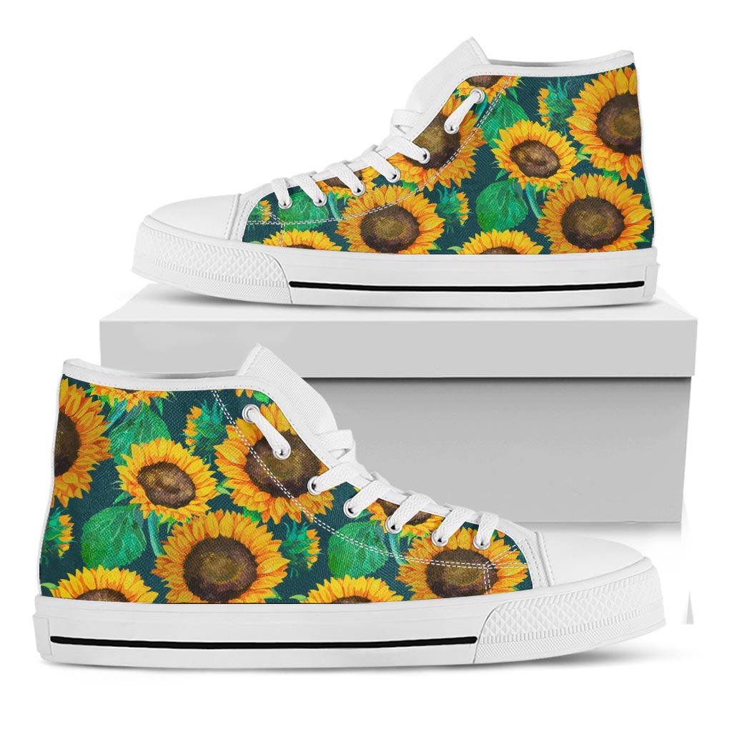 Green Watercolor Sunflower Pattern Print White High Top Sneakers