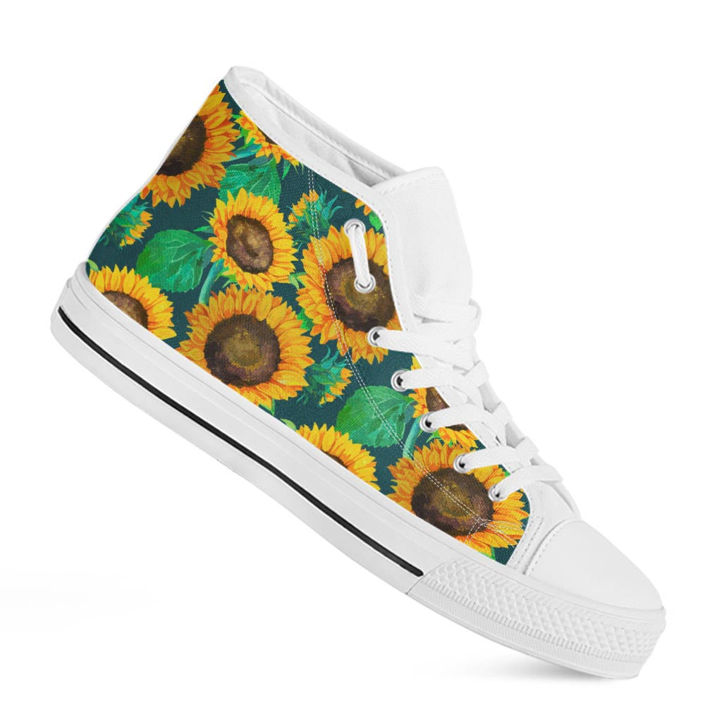 Green Watercolor Sunflower Pattern Print White High Top Sneakers