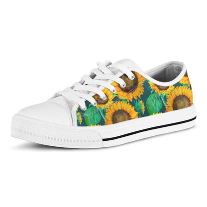 Green Watercolor Sunflower Pattern Print White Low Top Sneakers