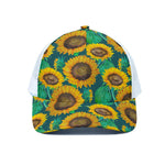Green Watercolor Sunflower Pattern Print White Mesh Trucker Cap