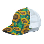 Green Watercolor Sunflower Pattern Print White Mesh Trucker Cap