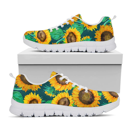 Green Watercolor Sunflower Pattern Print White Running Shoes