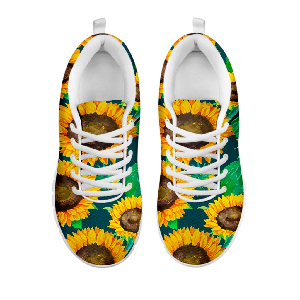 Green Watercolor Sunflower Pattern Print White Running Shoes
