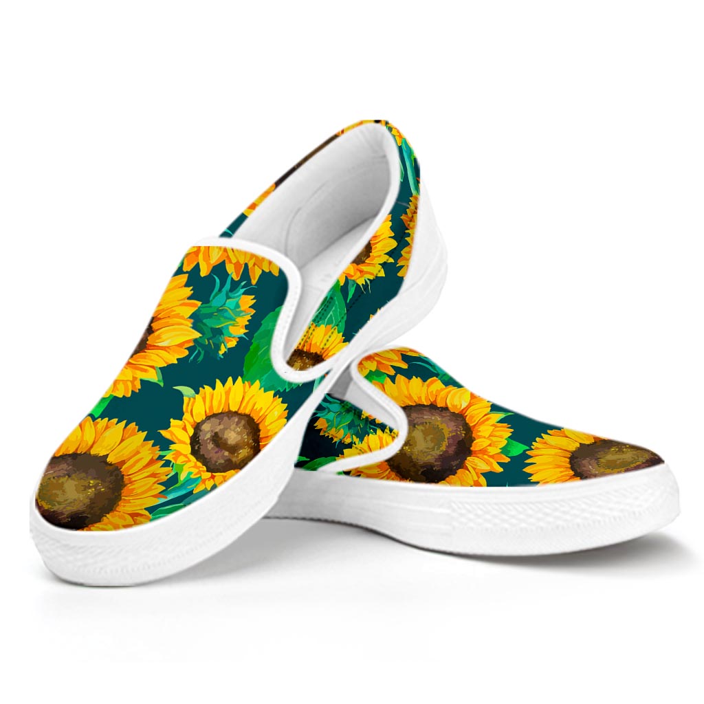 Green Watercolor Sunflower Pattern Print White Slip On Sneakers