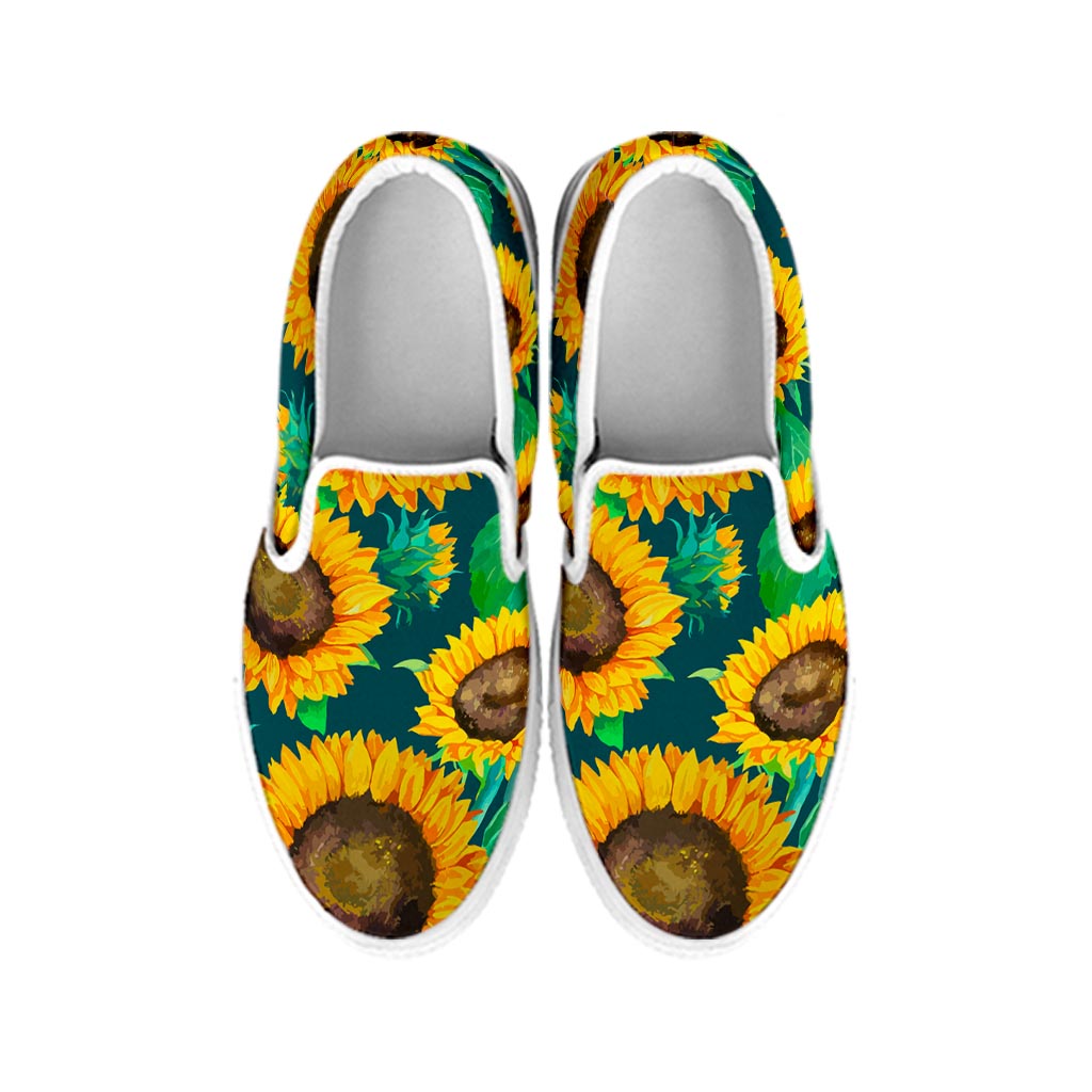 Green Watercolor Sunflower Pattern Print White Slip On Sneakers