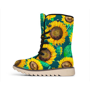 Green Watercolor Sunflower Pattern Print Winter Boots