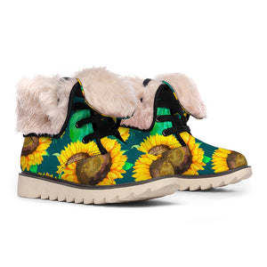 Green Watercolor Sunflower Pattern Print Winter Boots