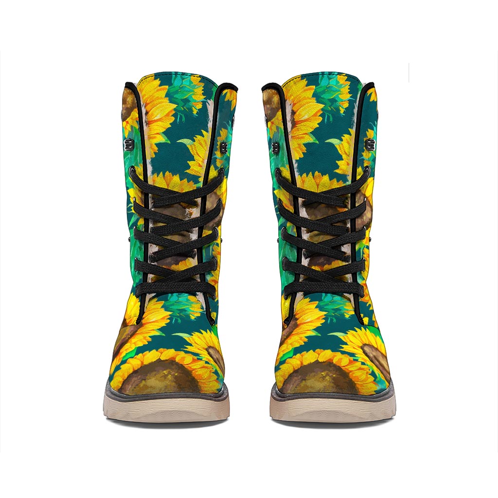 Green Watercolor Sunflower Pattern Print Winter Boots