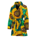 Green Watercolor Sunflower Pattern Print Women's Bathrobe