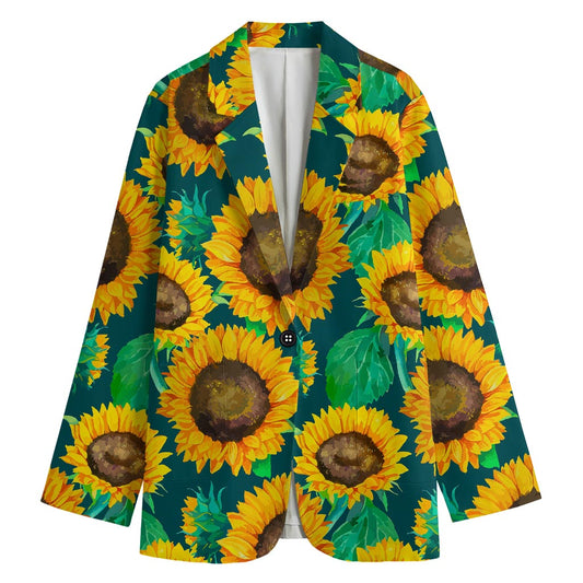 Green Watercolor Sunflower Pattern Print Women's Blazer