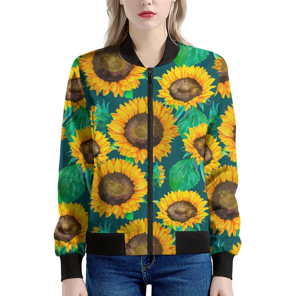 Green Watercolor Sunflower Pattern Print Women's Bomber Jacket