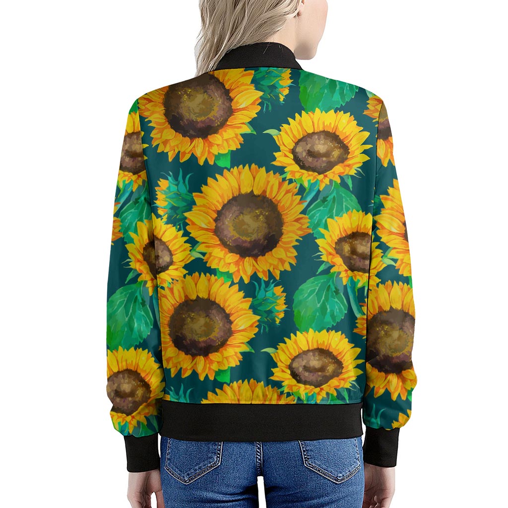 Green Watercolor Sunflower Pattern Print Women's Bomber Jacket